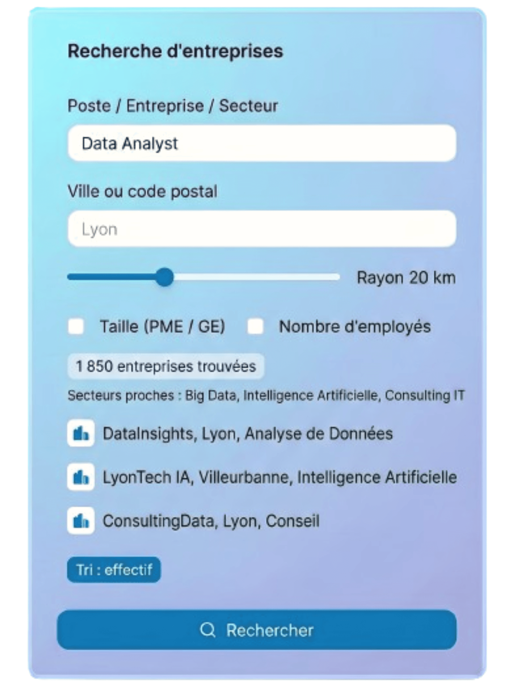 Critères de recherche Jobea : poste, ville ou code postal, rayon en km et filtres entreprise