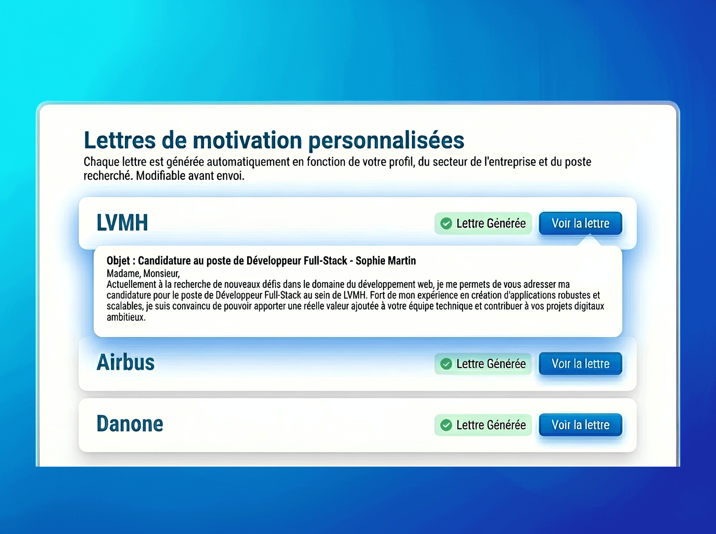 Génération de lettres de motivation personnalisées par IA - Jobea